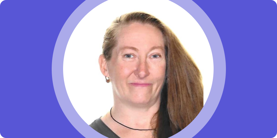 Banner image. Portrait of Donna B. a woman with long, straight light brown hair, wearing a black top and small hoop earrings, set inside a purple circular frame.