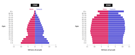 Two population pyramids comparing 1960 and 2060, showing the U.S. population becoming older overall by the year 2060.
