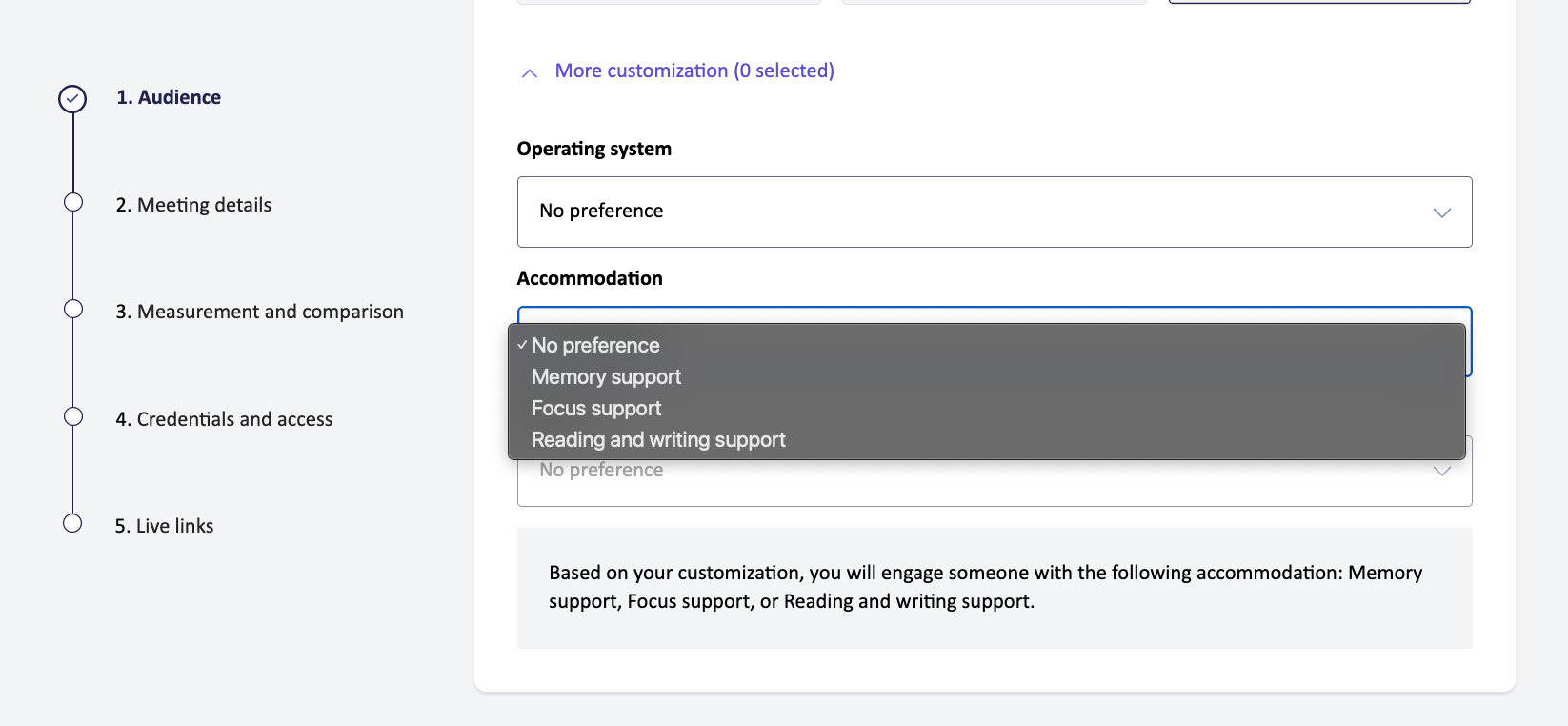 Screenshot of the “More customization” section of the request creation page in Fable Engage. The “Accommodation” dropdown is opened with four options visible: No preference, Memory support, Focus support, and Reading and writing support. The “Operating system” field has no preference selected.