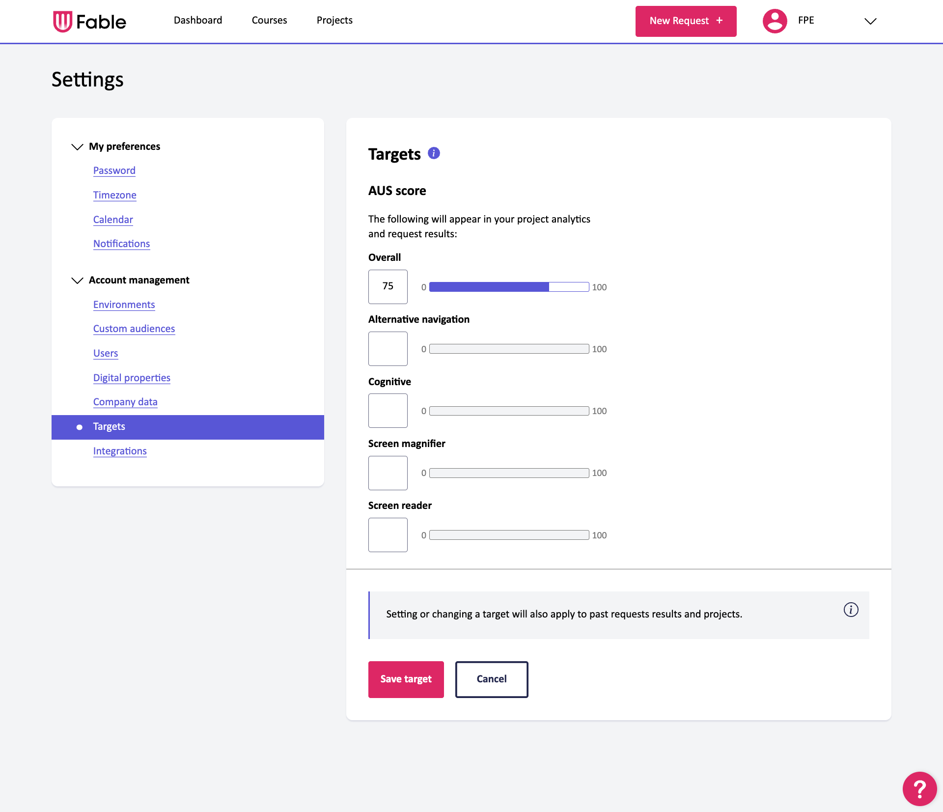 Screenshot of the Fable Engage Settings, showing accessibility target settings. The “Targets” section includes adjustable sliders for setting AUS score goals: Overall (set to 75), Alternative navigation, Captions, Screen magnifier, and Screen reader (all set to 0). A note below the sliders explains that setting or changing a target will apply to past requests, results, and projects.